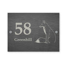 Slate house sign with fox illustration and text on a white background