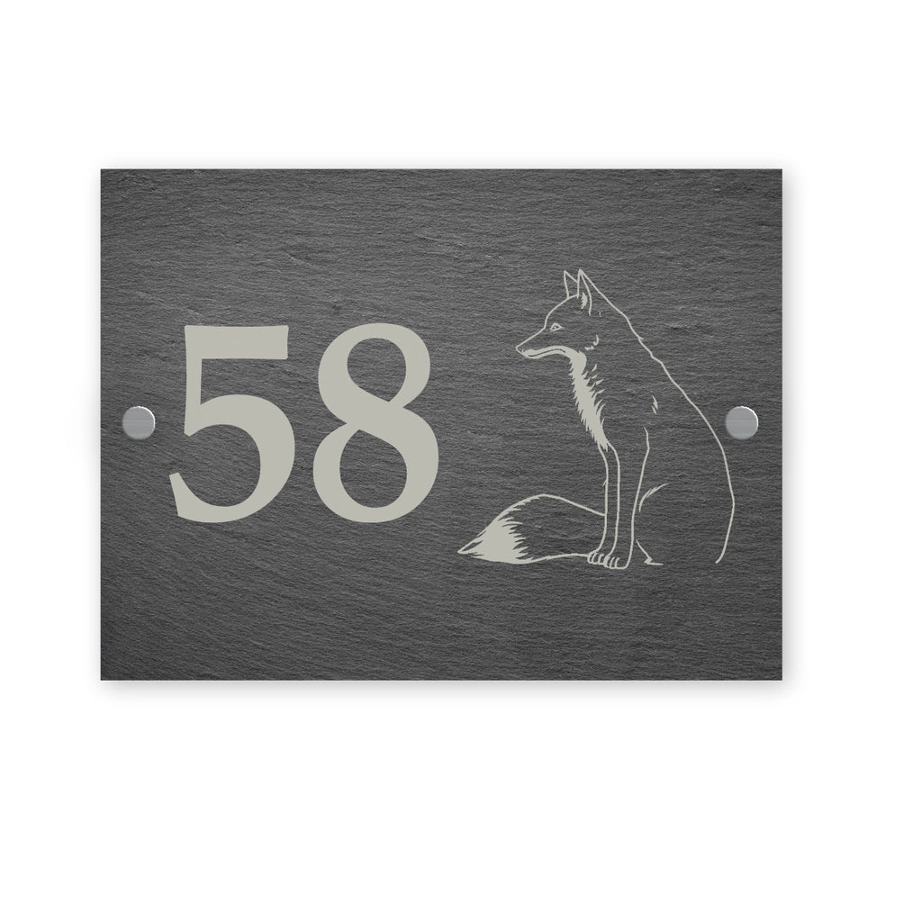 Slate house number sign with a fox design and the number on a white background