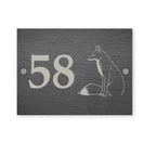 Slate house number sign with a fox design and the number on a white background