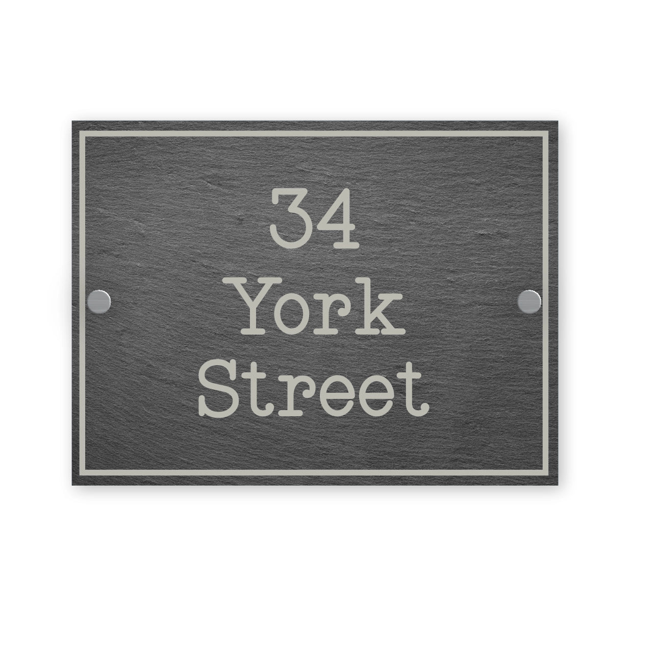 Gray rectangular house number sign with '34 York Street' text on a white background