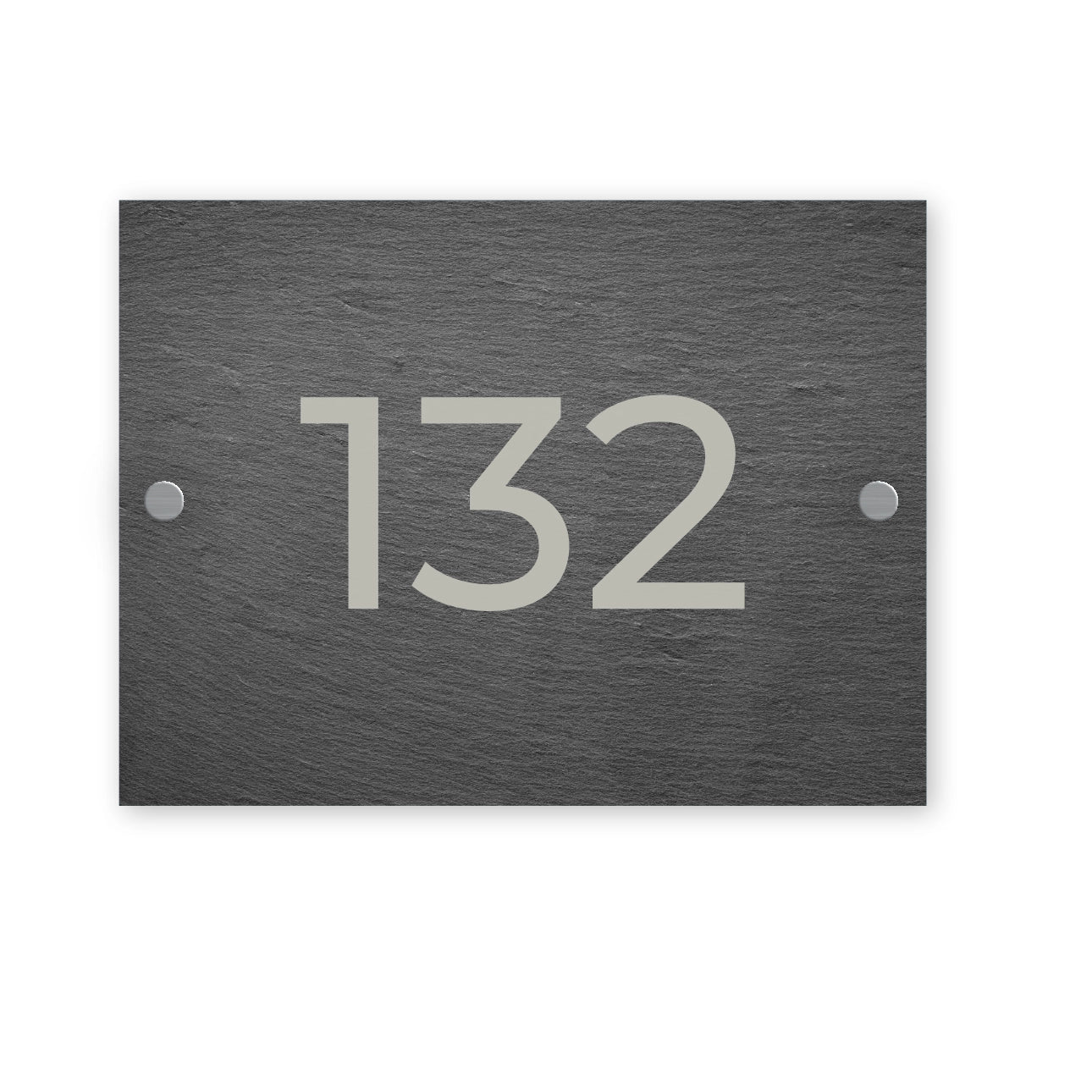 Slate house number sign with the number 132 on a white background