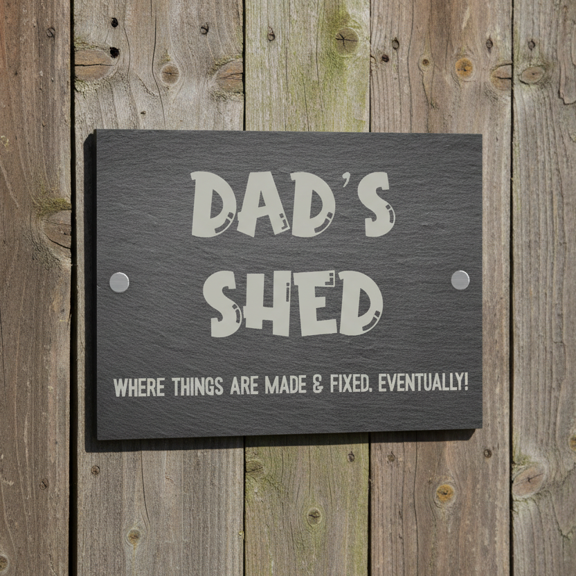 rectangle slate sign on a shed door