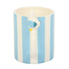 Ceramic mug with blue and white stripes and a swan design on a white background
