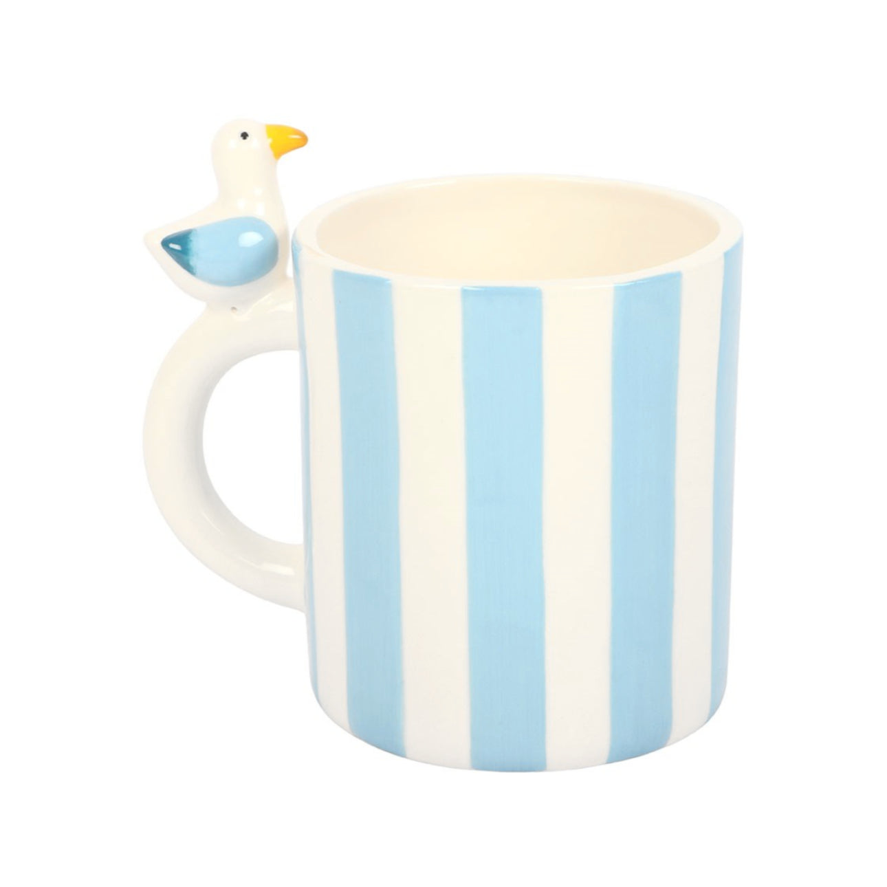 Striped mug with a seagull design on the handle