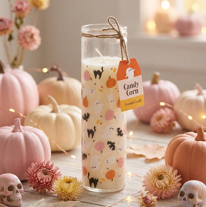 A tall clear glass jar candle labelled 'Candy Corn Scented Candle' with a hanging tag, decorated with black cats, pumpkins, and bats with a cream wax. The candle is styled on a rustic table with pumpkins, flowers, skull décor, and warm fairy lights in a cozy autumn setting.