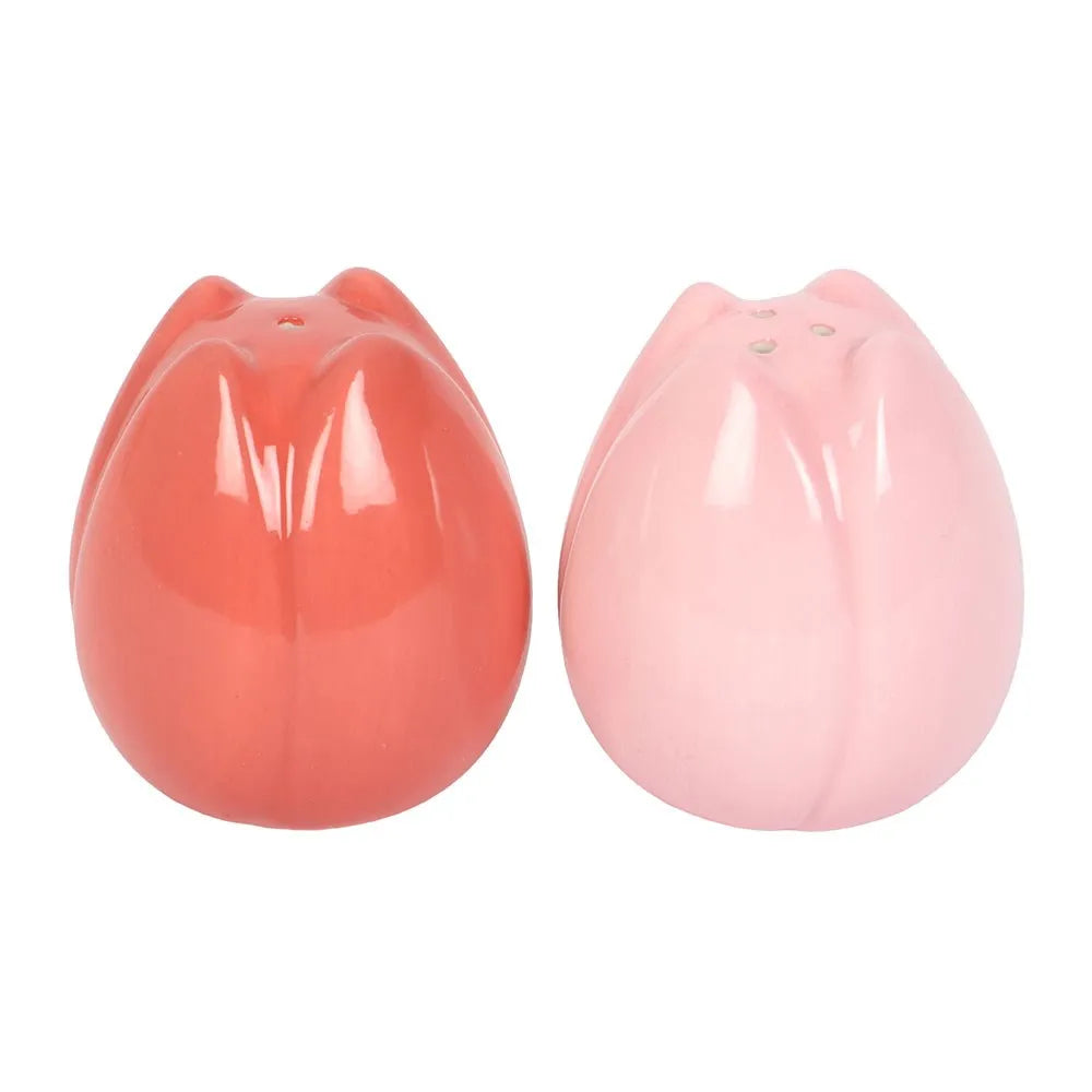 Two tulip-shaped salt and pepper shakers, one red and one pink, on a white background.