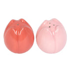Two tulip-shaped salt and pepper shakers on a white background