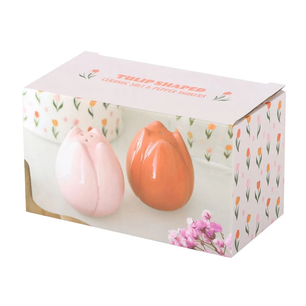 Tulip-shaped salt and pepper shakers in a decorative box with floral pattern