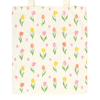Tote bag with a floral pattern of tulips on a white background
