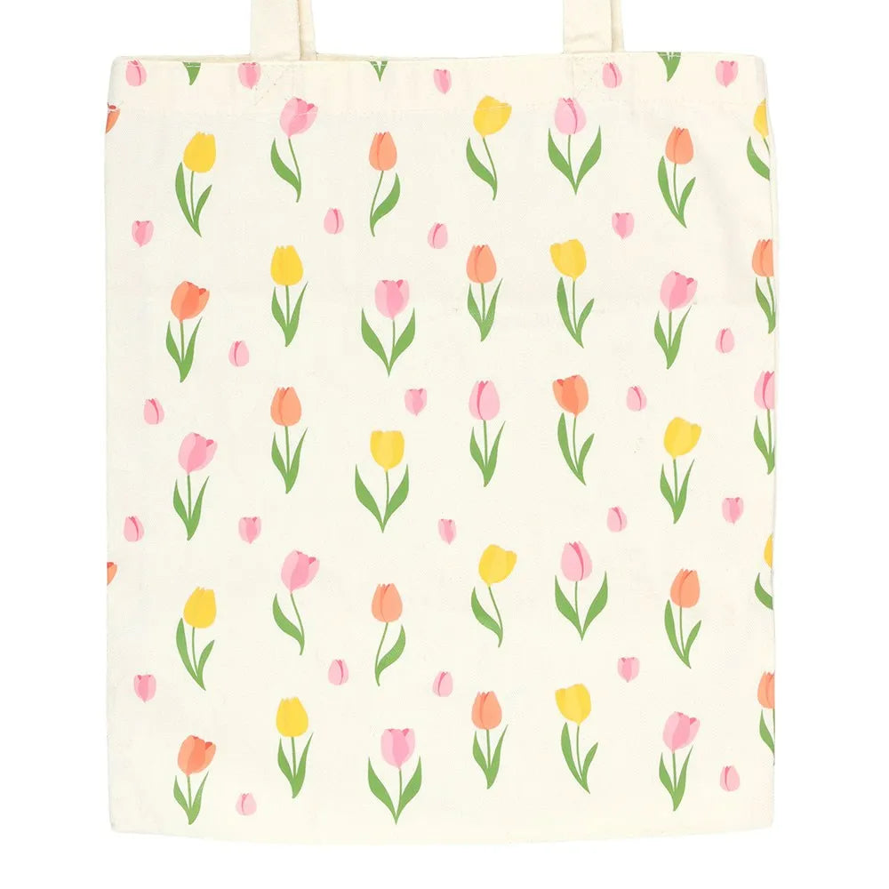Tote bag with a floral pattern of tulips on a white background