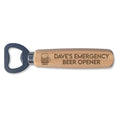 Wooden bottle opener with engraved text on a white background