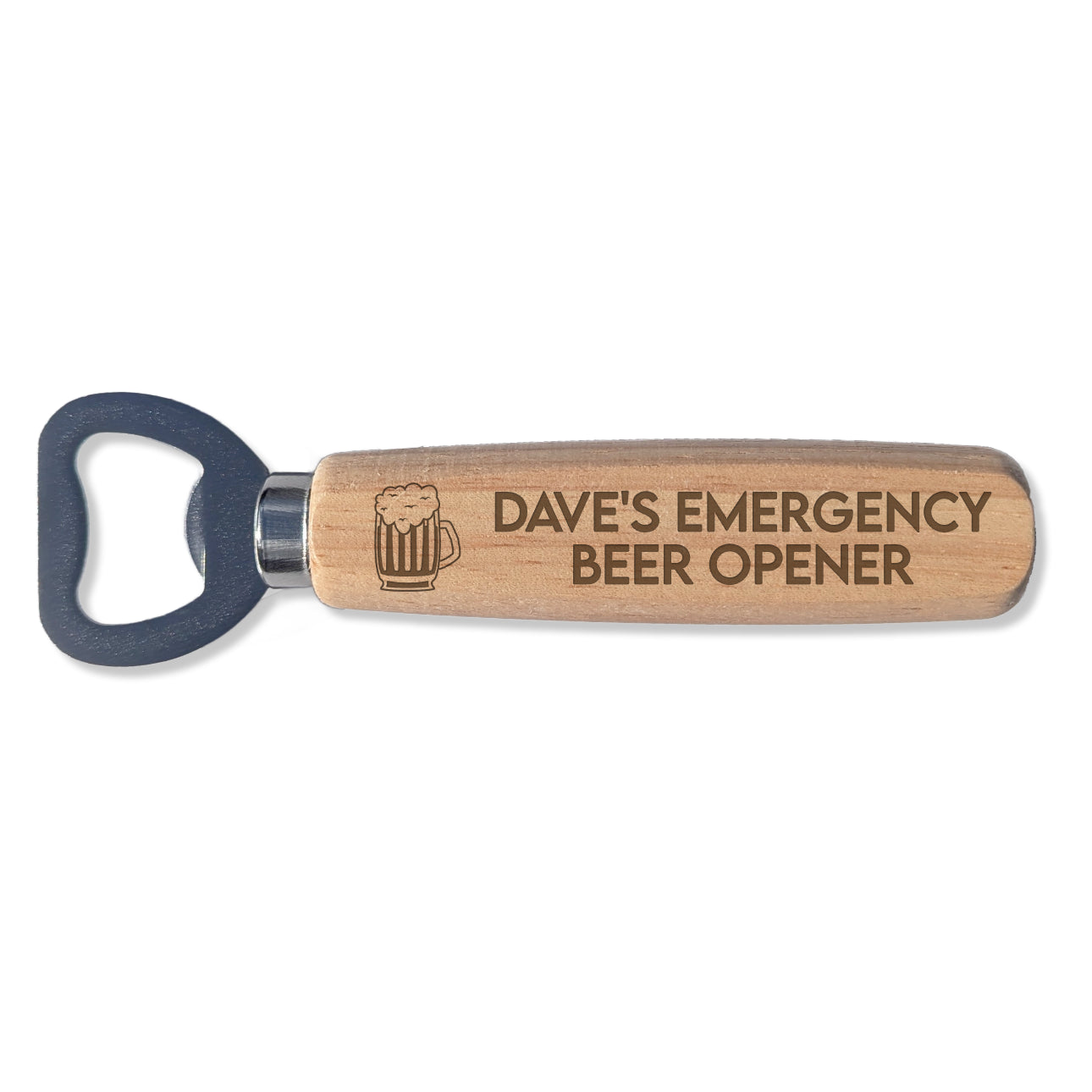 Wooden bottle opener with engraved text on a white background