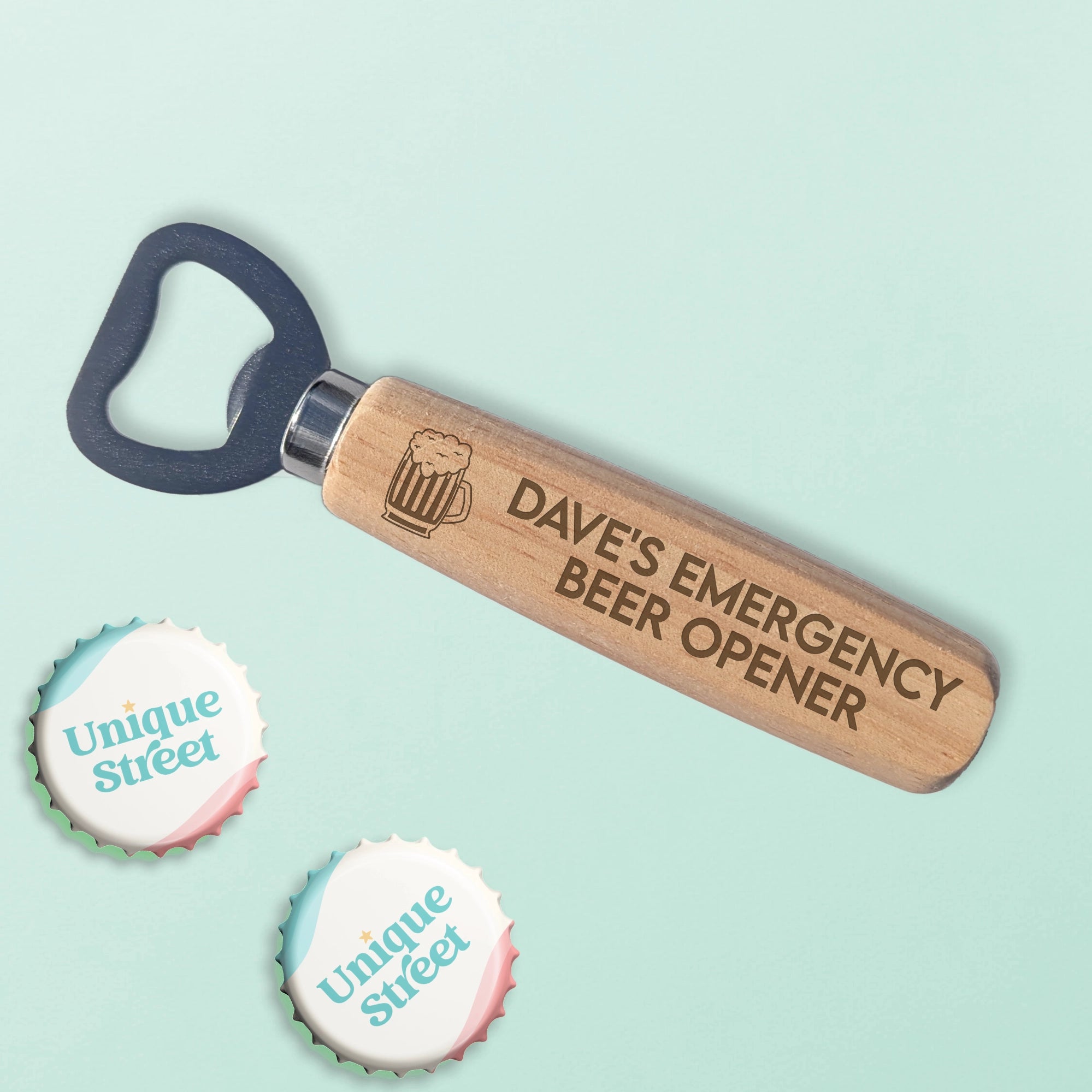 wooden bottle opener engraved with text 'emergency bottle opener' and beer glass image