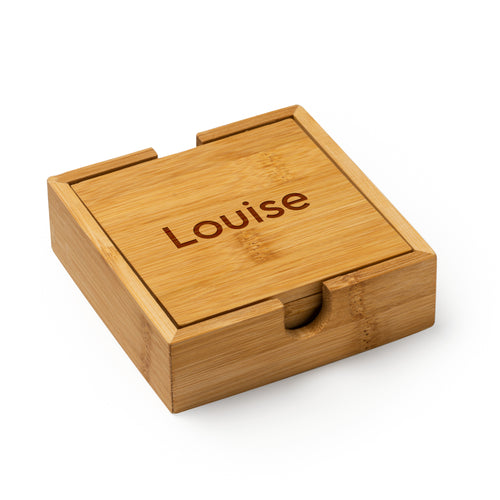 wooden coaster set of 4 in a holder with choice of name engraved on each