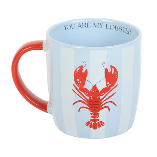 pale blue Mug with red handle and a lobster design and 'You Are My Lobster' text on a white background